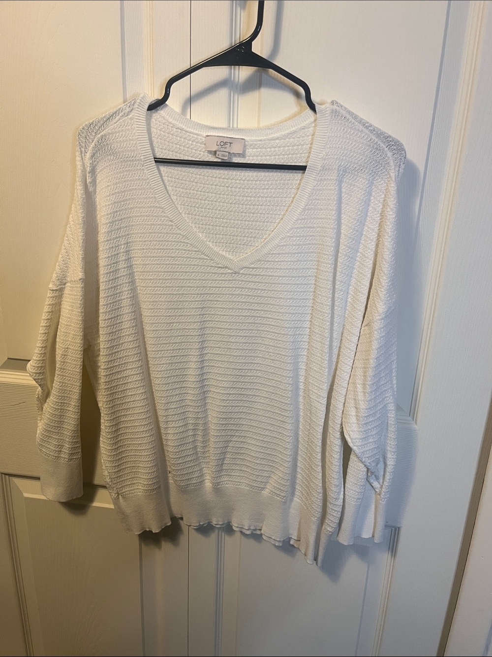 LOFT White V‑Neck Lightweight Textured Sweater